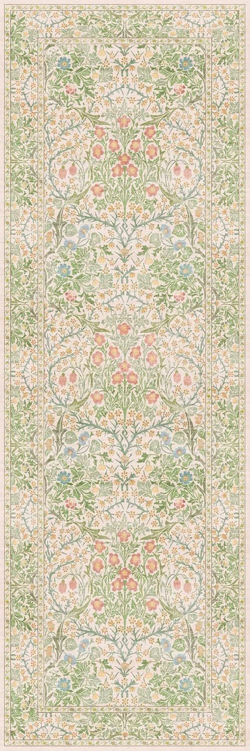 Hazo Haus Non-Slip Bathroom Runner Rug - Vintage Floral Design | Washable 24 x 72 Inch Beige Green Mat