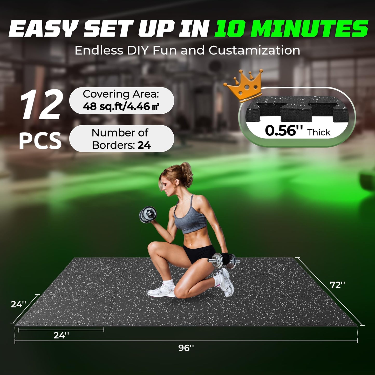 PRAISUN 0.56" Rubber Top Gym Flooring, Heavy Duty Interlocking Gym Mats for Home Gym, Non-Slip Workout Mat, 24 x 24in Large Gym Floor Mat, Protect Floors from Weights & Equipment, 48 Sq Ft, Black/Grey