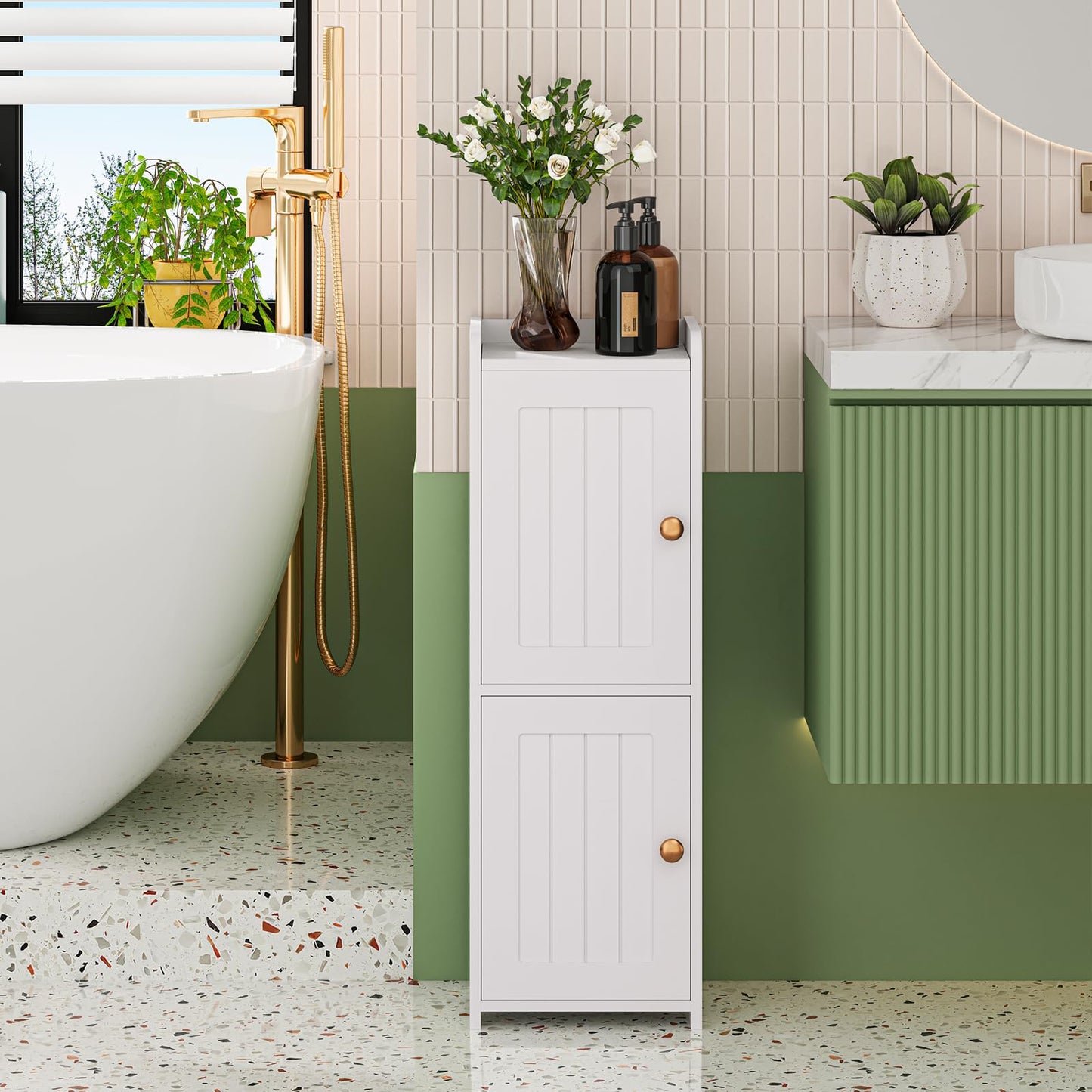 Snughome Bathroom Storage Cabinet, Small Bathroom Cabinet with 2 Doors & Adjustable Shelf, Narrow Toilet Paper Cabinet for Small Spaces, White, 7.9" D x 9.8" W x 29.5" H