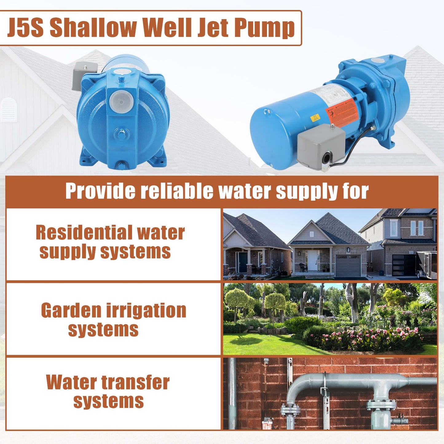 1/2 HP Residential Shallow Well Jet Pump, Heavy-Duty Cast Iron Self-Priming Water Pump for Home Water Supply & Garden Irrigation,115V