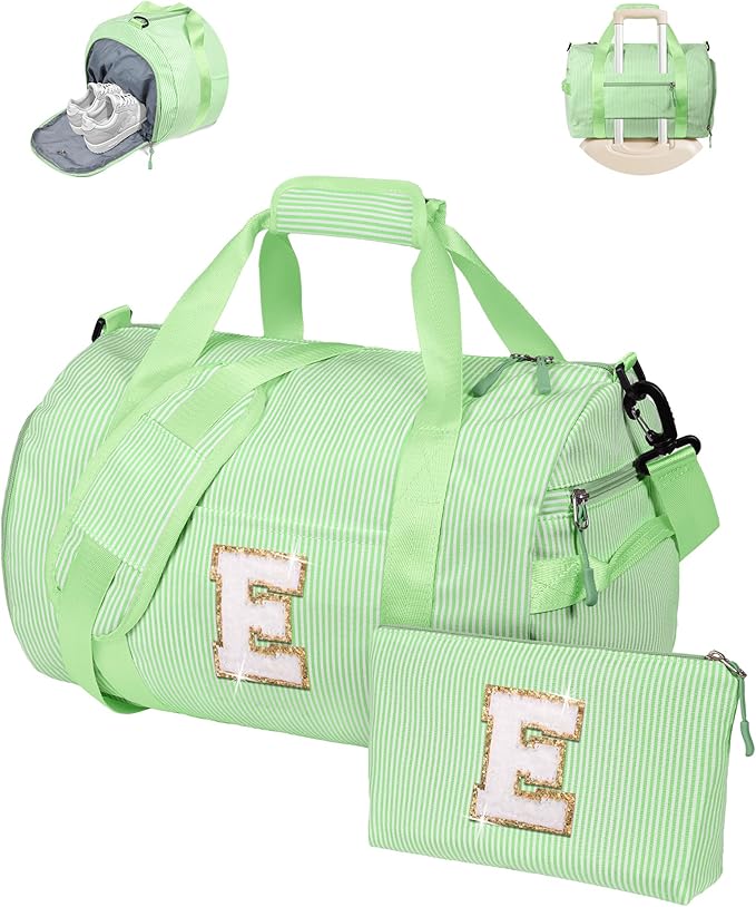 Preppy Things for Girls, Girl Gym Bag, Kids Monogram Overnight Duffel Bags with Shoe Compartment, Personalized Travel Bag with Makeup Pouch, Easter Gift Idea for Daughter (Letter E)