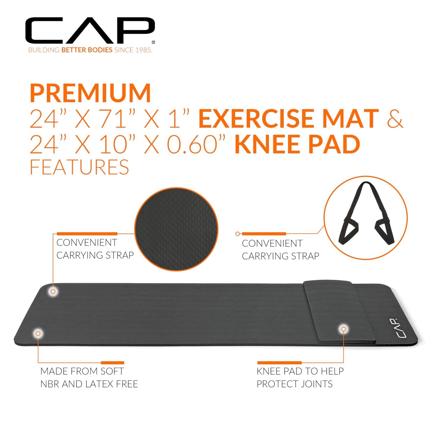 CAP Barbell Yoga Mat 1/2" Thick with Carrying Strap & Knee Pad - High Density Exercise Mat for Yoga, Pilates, Stretching, Floor & Fitness Workouts - 71''x24''x1/2" | Black