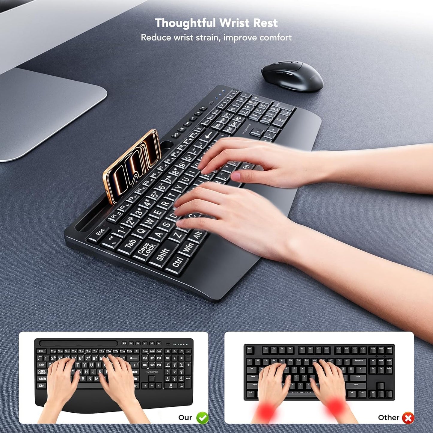KYSONA 2.4G Large Print Wireless Keyboard, Full Size Cordless Computer Keyboard with Phone Holder, Palm Rest, Ergonomic