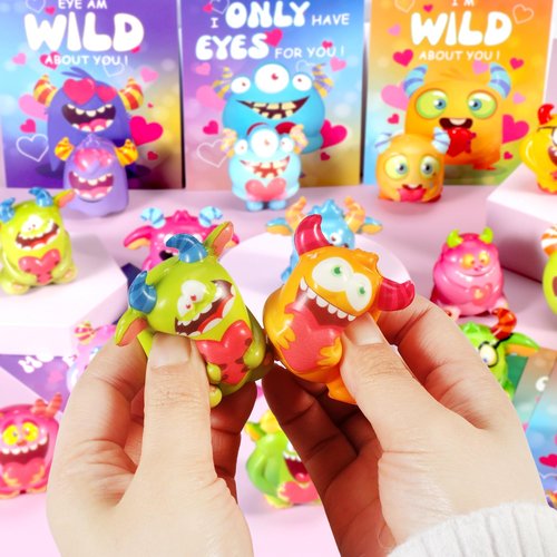 24 Pcs Monster Squishy Toys with Cards for Kids Valentines Day Gifts, Galentines School Gift Exchange, Classroom Prizes, Bag Fillers, Party Favors