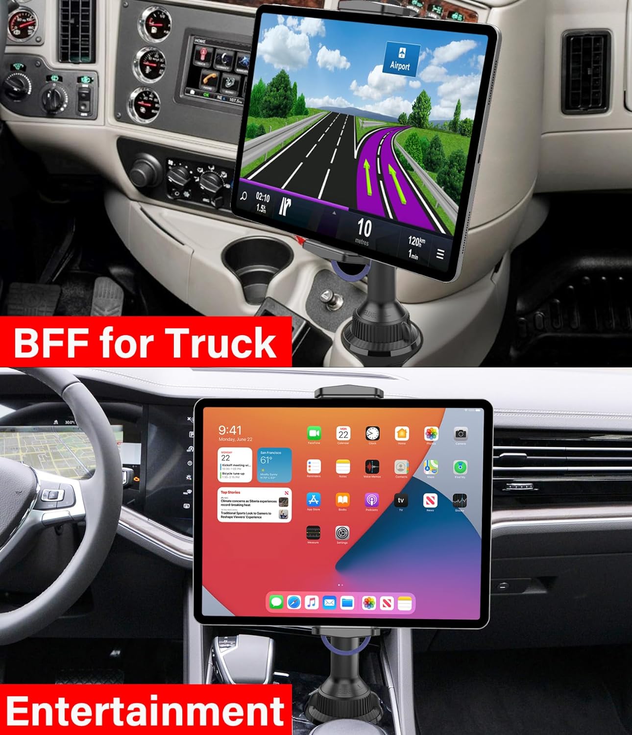 APPS2Car 4.7-13" Solid Cup Holder Tablet Mount for Car, Adjustable Height iPad Car Mount for Truck Low Profile Road