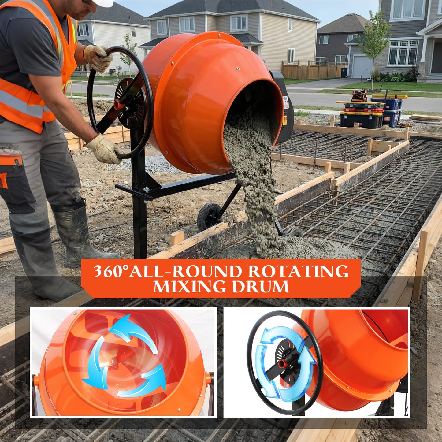 PulSpeed 5 Cubic Ft Concrete Cement Mixer with Wheel and Stand,Electric ConcreteMixer 0.75 HP 550W Adjustable Tilt, Portable Heavy Concrete Mud Mixer Toolsfor Mortar Stucco Seeds and Fodder