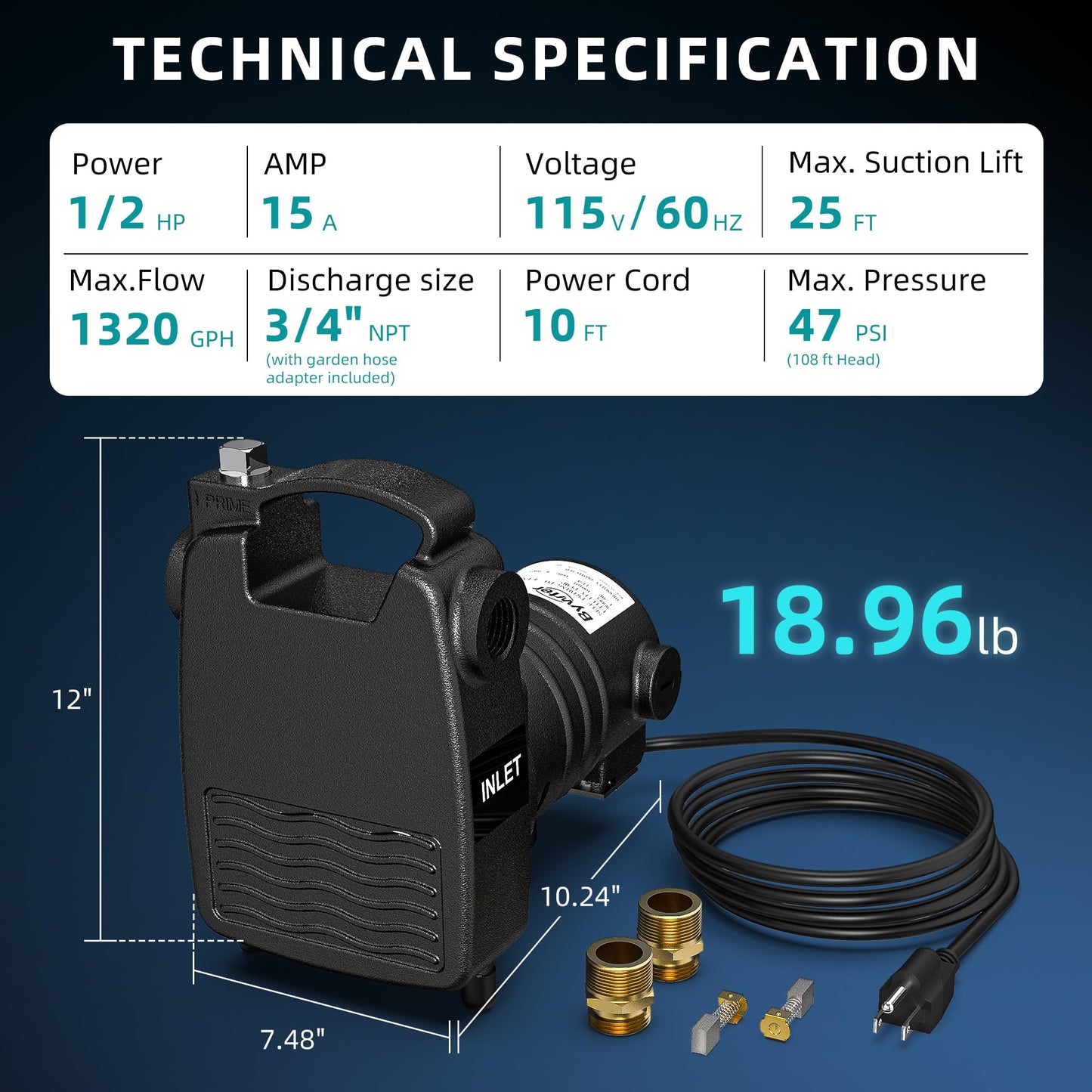 Bywter 115V Cast Iron Transfer Pump, 1/2HP Heavy Duty Transfer Water Pump, 1320 GPH Portable Utility Pump with Brass Connectors, for Irrigation, High-Pressure Cleaning, and Draining