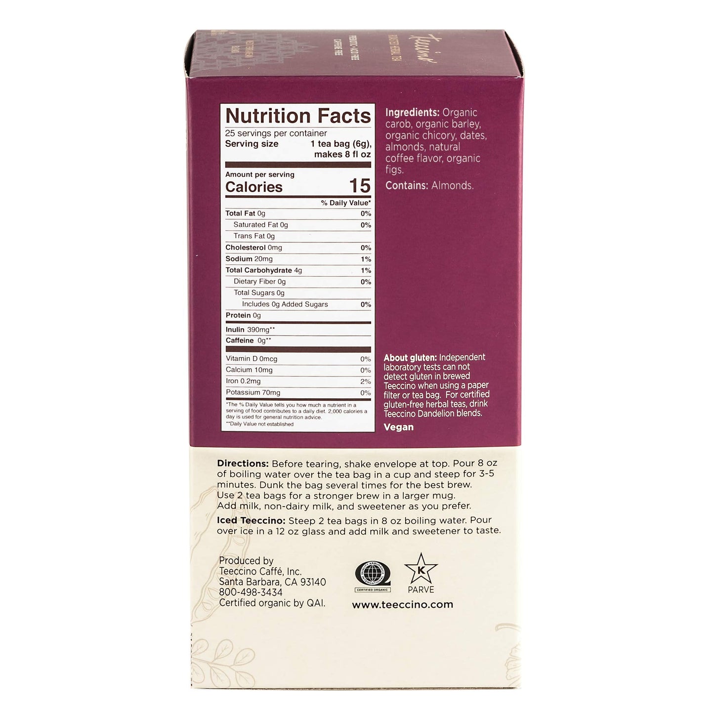 Teeccino Java Herbal Tea - Rich & Roasted Herbal Tea That’s Caffeine Free & Prebiotic for Natural Energy, 25 Tea Bags