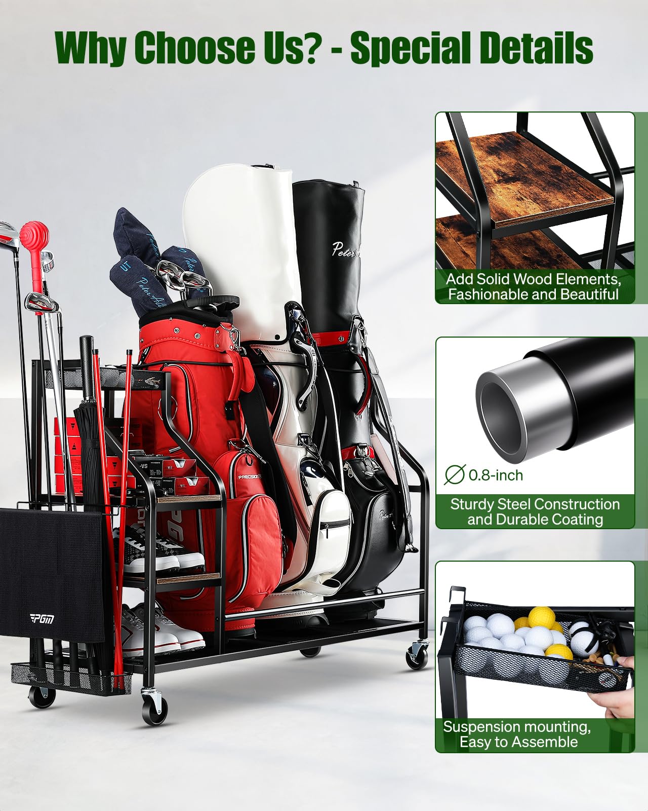 FHXZH Golf Bags Storage Garage Organizer Golf Bag Stand for Golf Bags, Clubs, Balls, Golf Equipment Accessories, Golf Bag Storage Rack with Wheels for Garage, Club, Basement (3 Golf Bag Organizer)