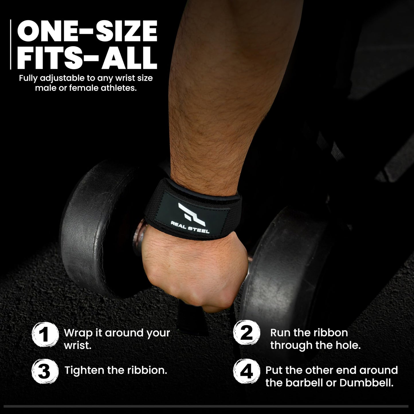 Real Steel Lifting Wrist Straps for Weightlifting - 24" Cotton Weight Lifting Straps for Men and Women for Deadlifts, Bodybuilding, Powerlifting - Padded Neoprene Gym Hand Grips - Black