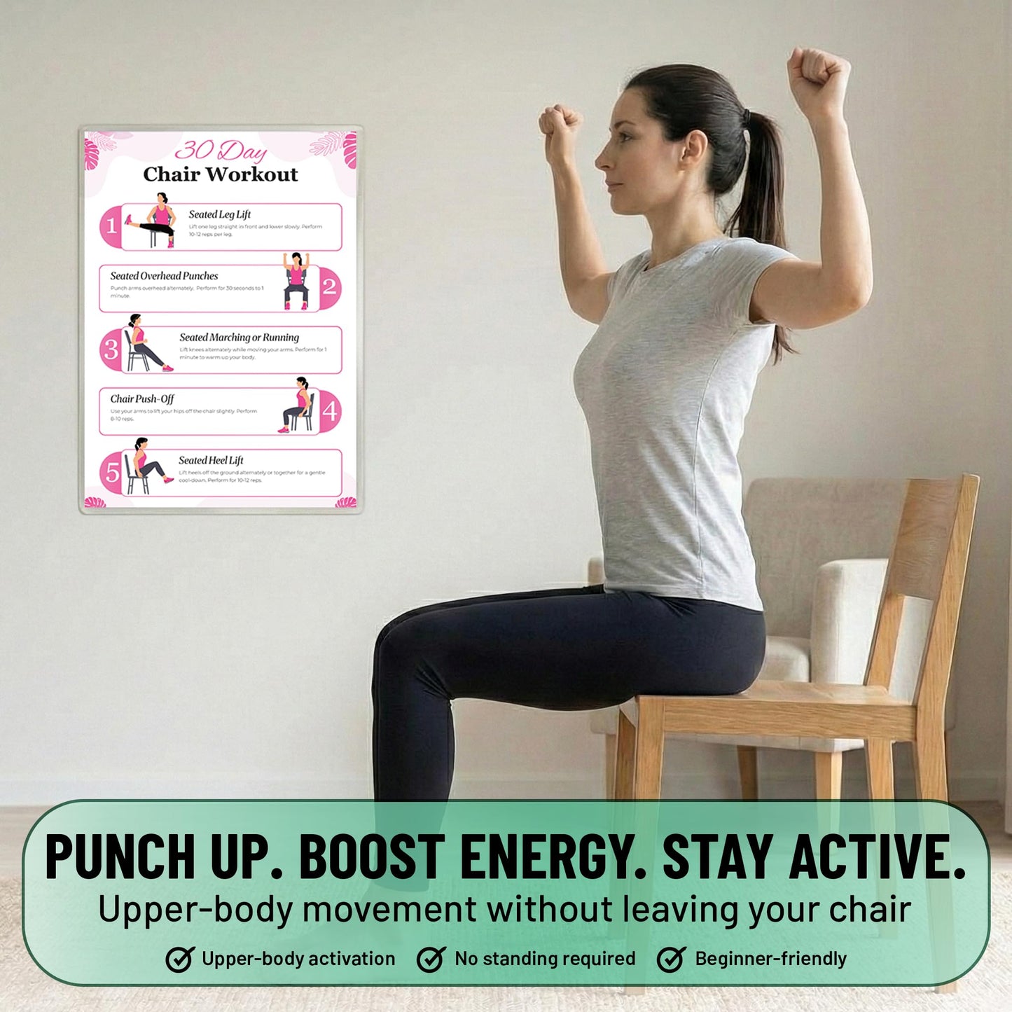 Chair Yoga Poster for Seniors & Beginners - Set of 6 Laminated Workout Posters - Gentle Seated Exercises for Stiffness, Joint Pain & Stress Relief - Easy to Follow 30-Day Challanges Home Workout Guide