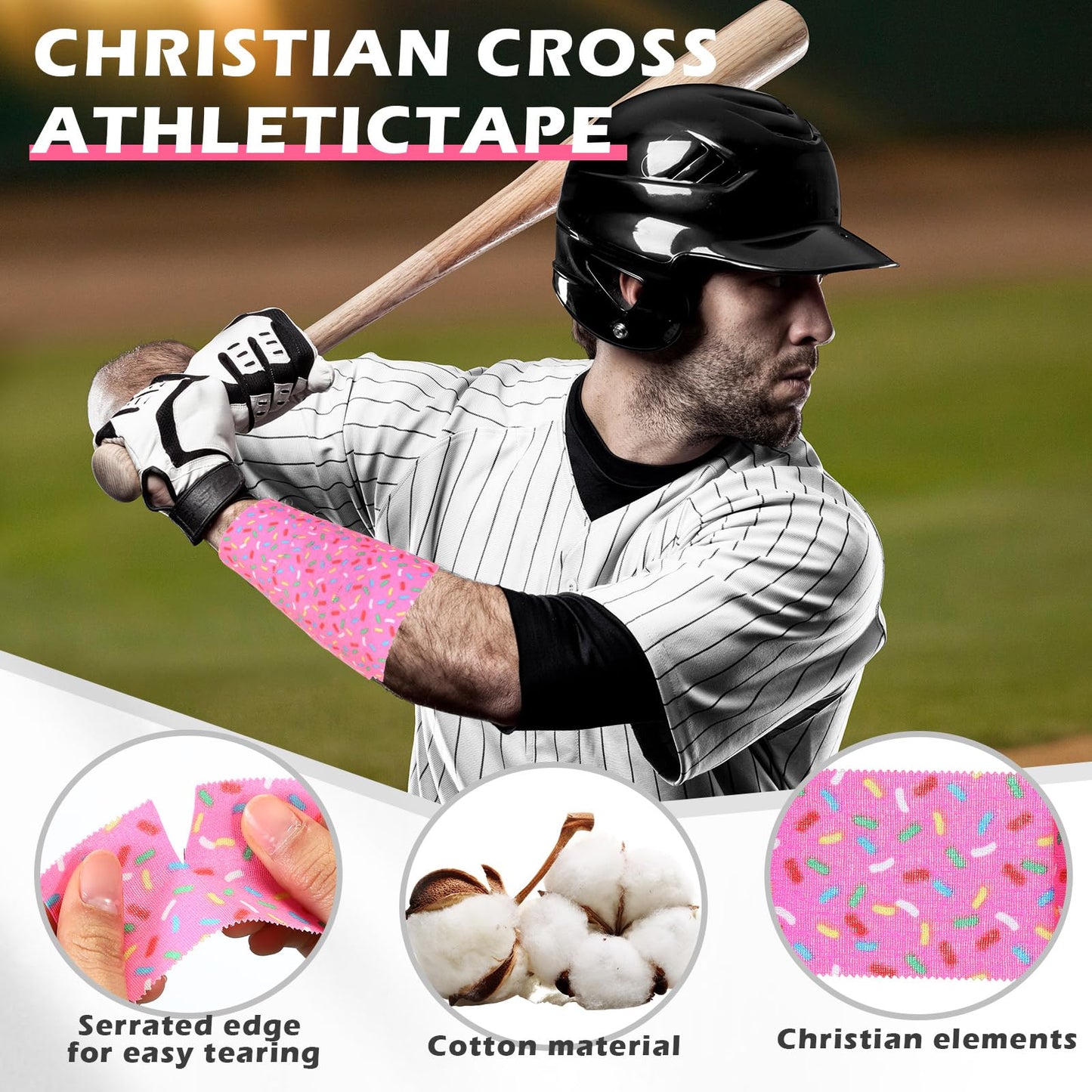 TrelaCo 1 Pcs Wrist Tape Baseball Cross Christian Athletic Tape 2in x 23ft Sports Wrap Cotton for Football Hockey Soccer Baseball Fingers Ankles Wrist Injury Wrap(Colorful Dots,Pink)