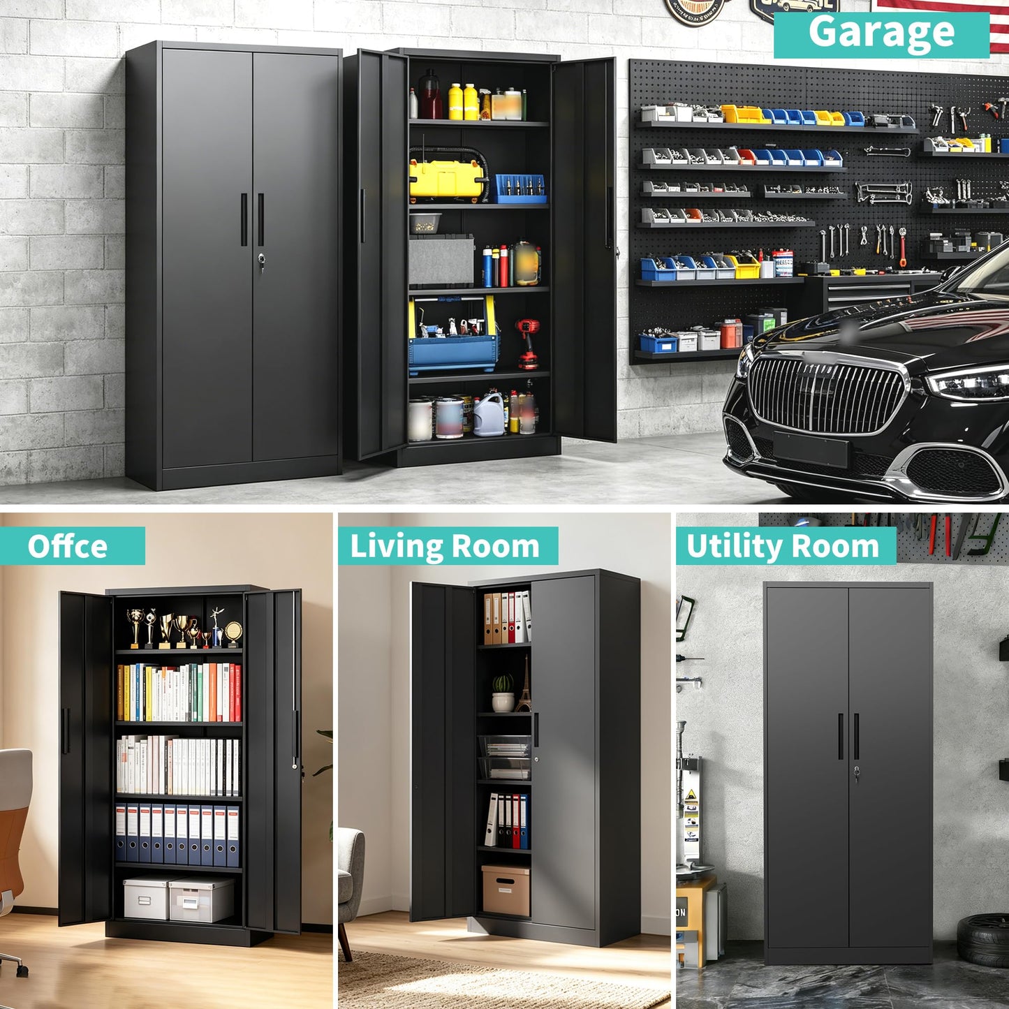 SAWJEC Metal Garage Storage Cabinet with Lock, 71" Tall Heavy Duty Cabinet for Garage Workshop Home Office, Steel Locking Storage with 4 Adjustable Shelves, Black, 15.7" D x 31.5" W x 70.9" H