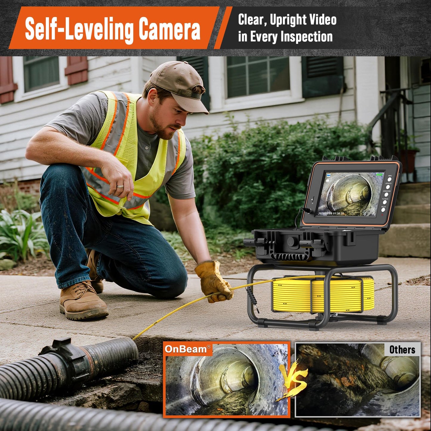 Drain Camera 165ft Self-Leveling with Meter Counter, 9 inch 1080p HD Screen, IP68 Waterproof Sewer Scope, 12 LED Lights, 32GB DVR Pipe Inspection System for Plumbing Line, Duct and Main Line