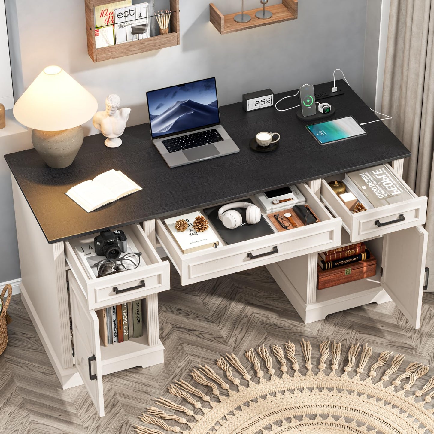 Halitaa 55.1 Inch Farmhouse Computer Desk with Charging Station, Home Office Desk with 3 Glide Drawers and 2 Adjustable Storage Cabinets, Office Home Workstation for Study Work Writing, Unique White