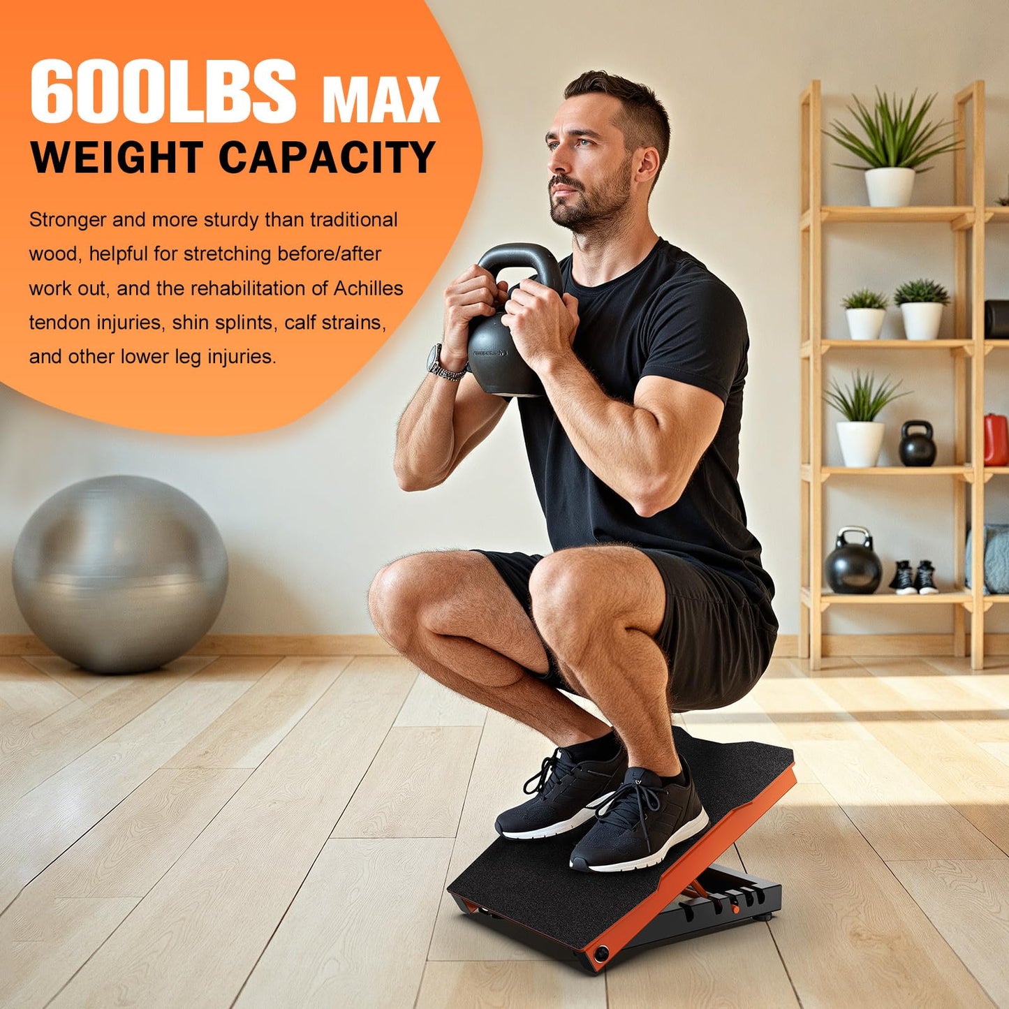 YONKFUL Steel Slant Board Calf Stretcher, 600 Lbs Weight Capacity 5-Level Adjustable Incline Board Squat Wedge Achilles Ankle Stretcher Non-Slip Surface for Squat, Fitness, Physical Therapy, Orange