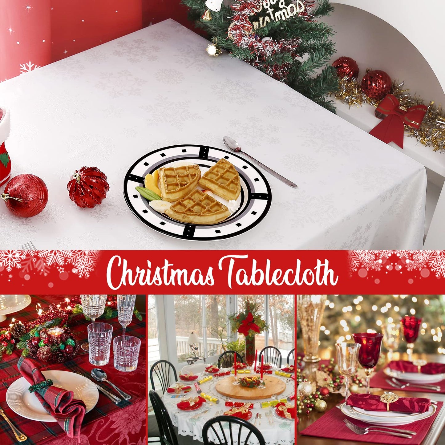 MikiUp Jacquard Rectangle Christmas Tablecloth - Xmas Snowflakes Glitz Metallic Fabric Table Cloth, Waterproof and Washable Holiday Decorative Table Cover for Party, White/Sliver 60 x 144 Inch