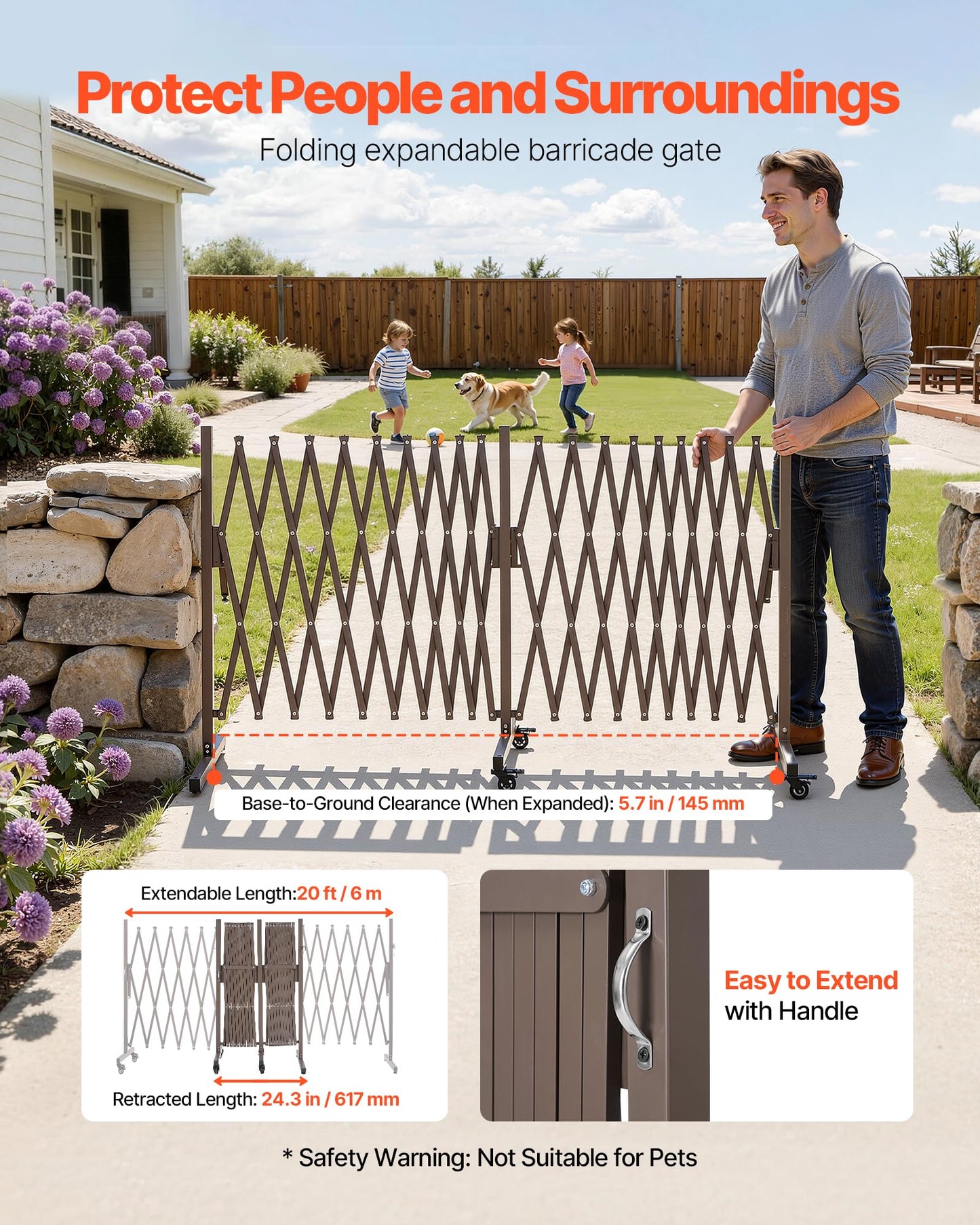 VEVOR Double Expandable Barricades, 20FT Expandable Safety Barrier, Flexible Mobile Barricade with Locking Casters, Portable Folding Security Gate Metal Traffic Fence for Patio Garden Stairway
