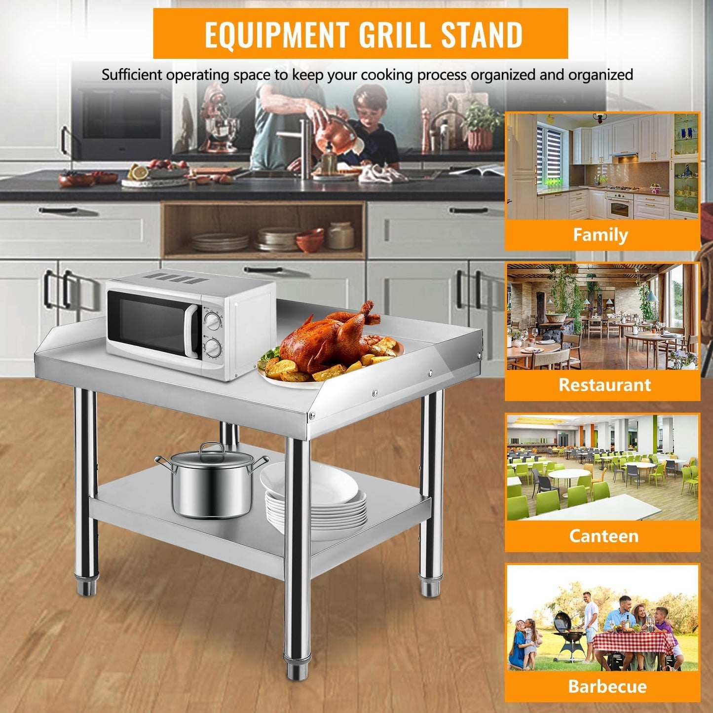 ExploreHorizon Stainless Steel 36x28x24 Inch Equipment Grill Stand Table, 660 Lbs Top & Bottom Shelf, Adjustable Legs, 2" Edge Baffle, for Hotel, Home, Commercial Restaurant Kitchen