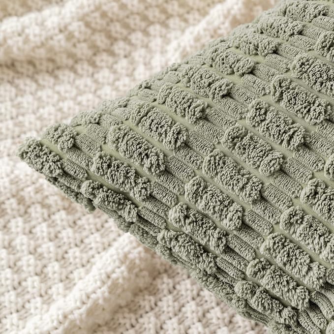 MIULEE Pack of 2 Corduroy Decorative Throw Pillow Covers 16x16 Inch Soft Boho Striped Pillow Covers Modern Farmhouse Home Decor for Summer Sofa Living Room Couch Bed Light Olive Green