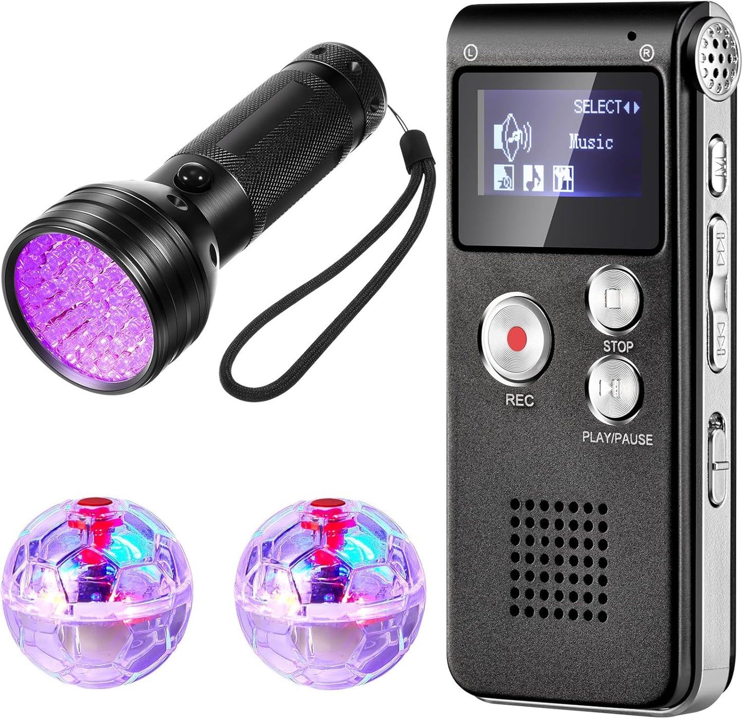 Dunzy 4 1 8 1 2 Pcs Ghost Hunting Equipment Kit Include EVP Voice Recorder Gb UV Flashlight LED Light up Cat Balls