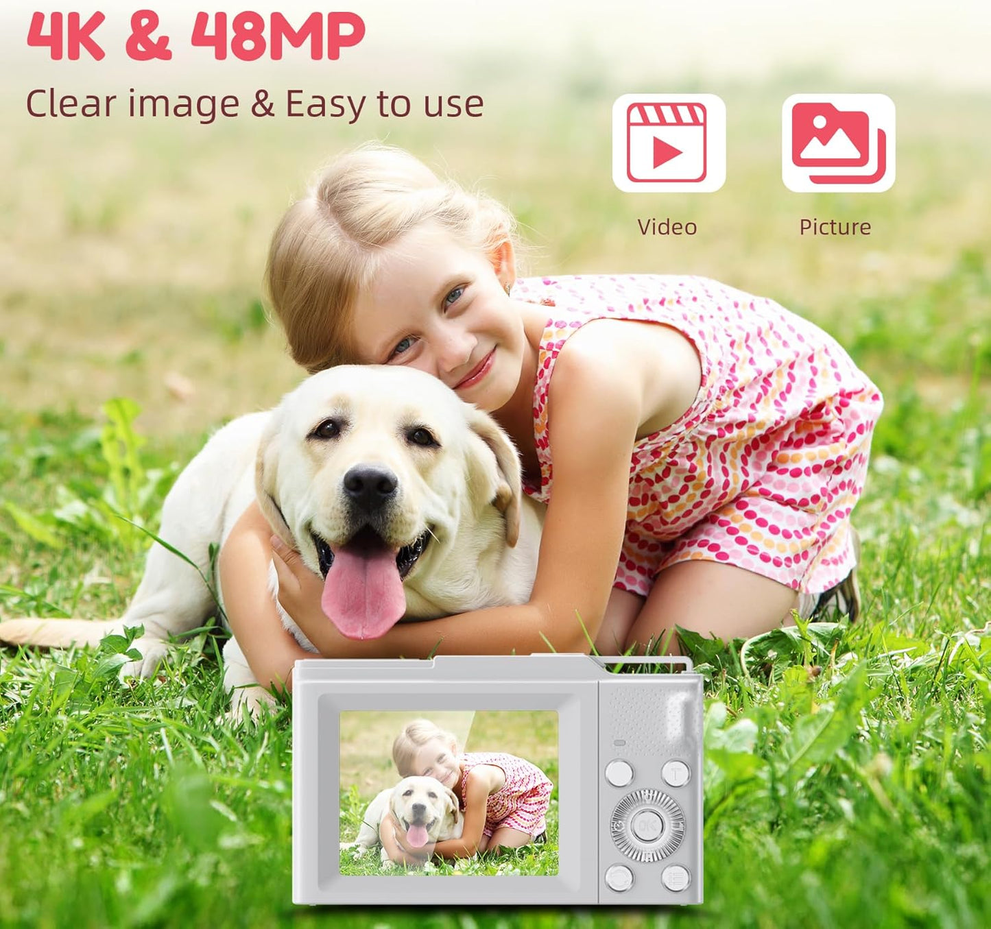 Krlun 4K 16X 48MP 32GB Digital Camera, FHD Digital Point and Shoot Camera with Zoom Anti Shake, Compact Small Camera