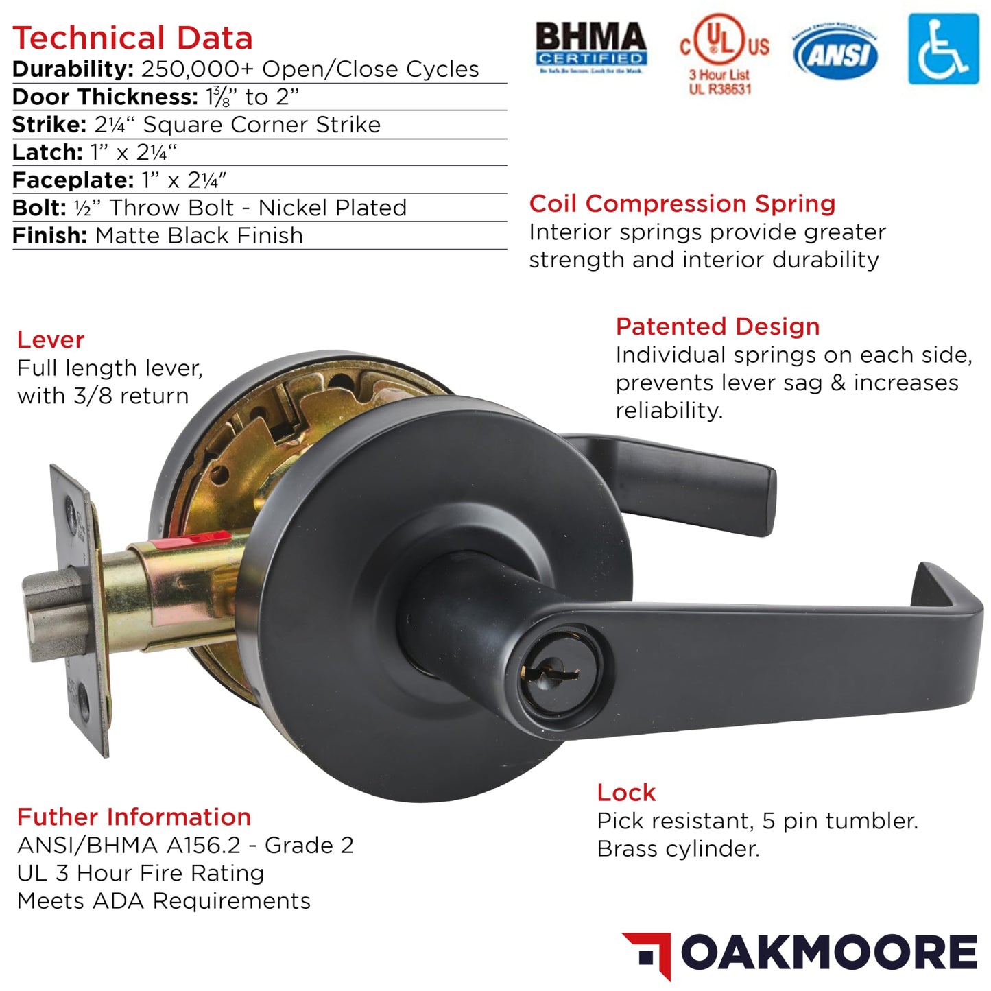 OAKMOORE Commercial Door Handle Black - Grade 2 Lockset - Door Lever Schools Offices Industrial UL CUL & ADA – ANSI A156.2 (Storeroom (Auto Locking, Need Key))