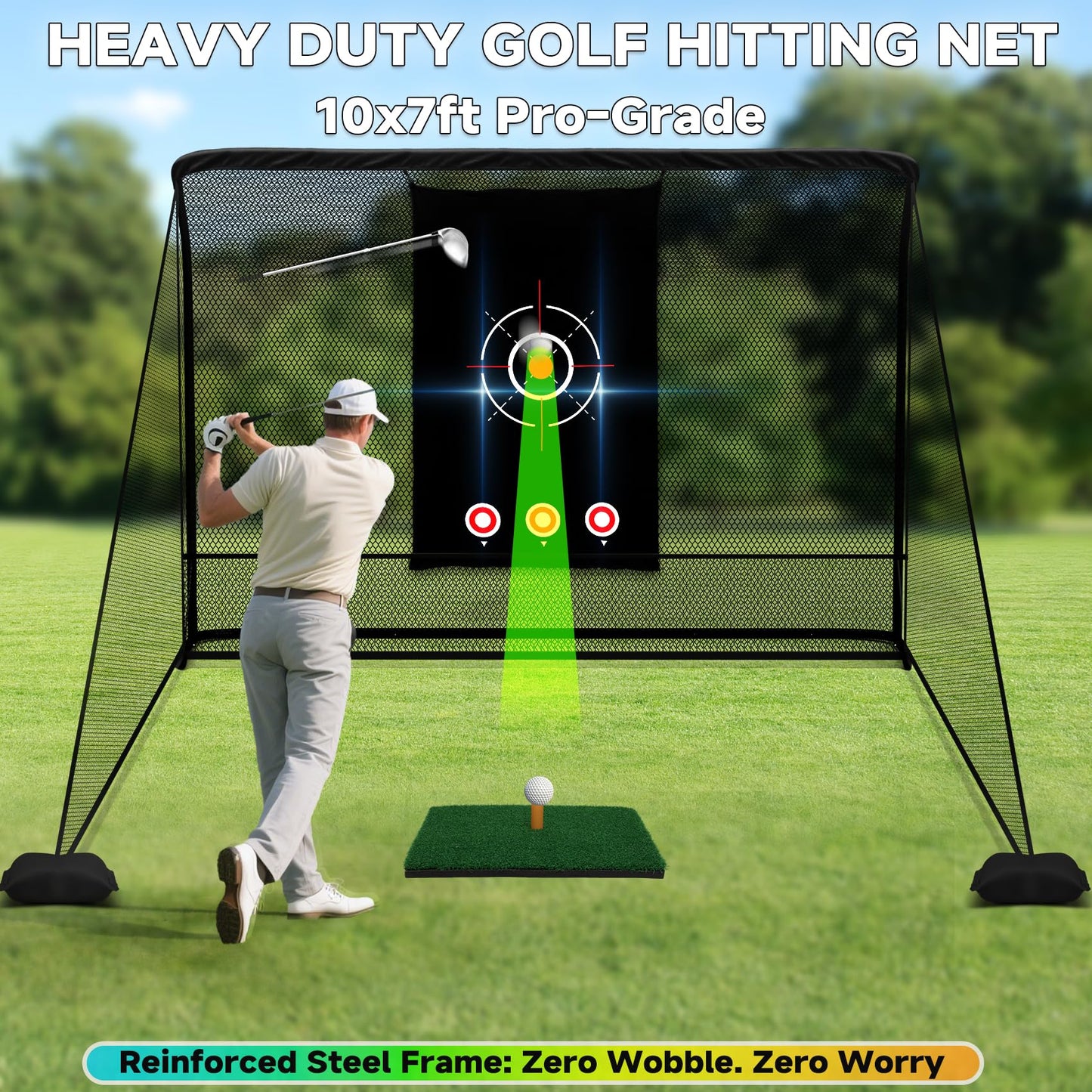 10x7ft Golf Hitting Practice Net for Real Golf Balls, Heavy Duty Driving Training Cage with Reinforced 7-Layer Mesh & Mat, Portable Backyard Net for Indoor Outdoor to Improve Your Swing