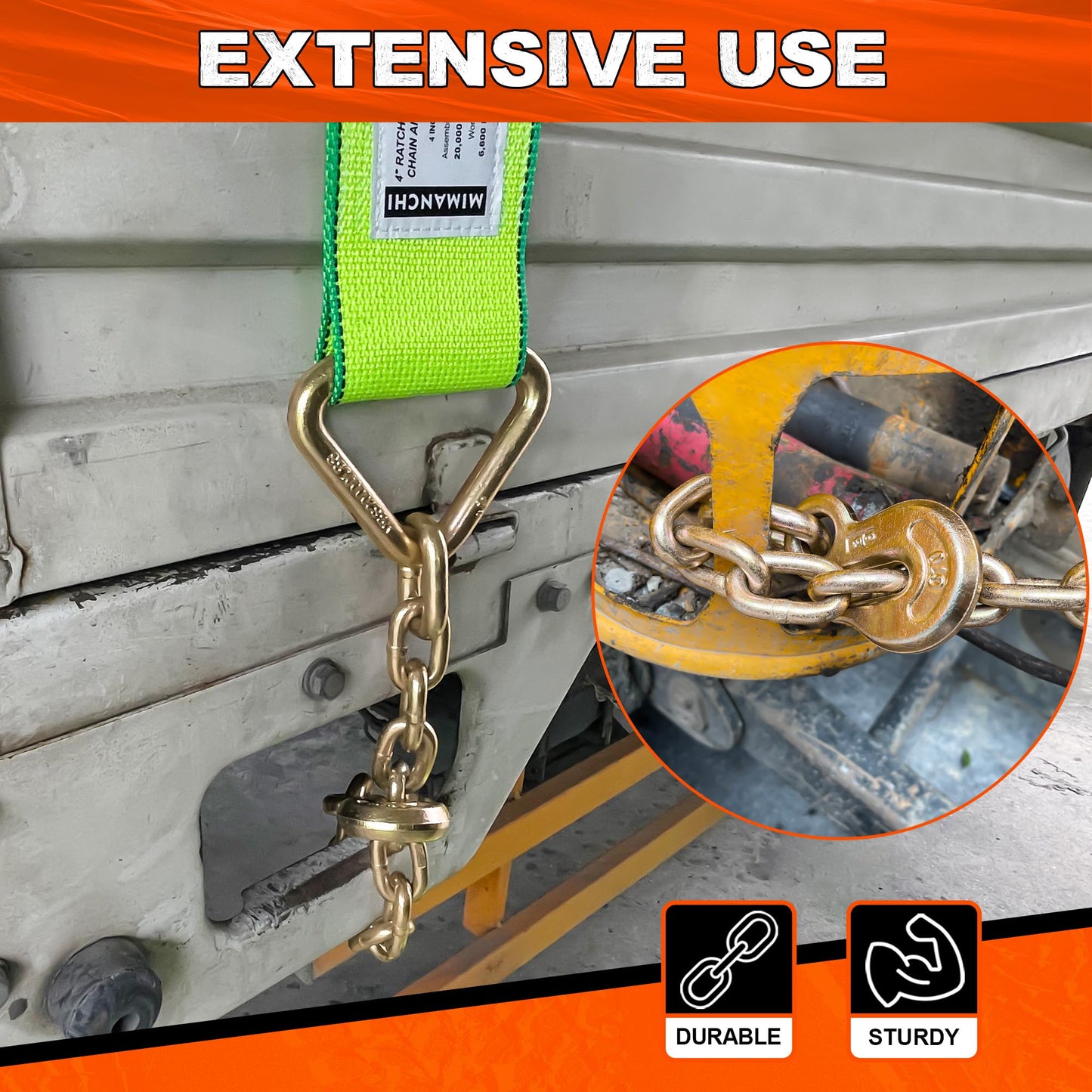 Mimanchi 4 inch 40 ft Ratchet Straps with Chain Extension Ends,2 Pack,Heavy Duty Tie Down Straps with Grade 70 Chain Hook, Flatbed Equipment for Trucks and Trailers Cargo Control
