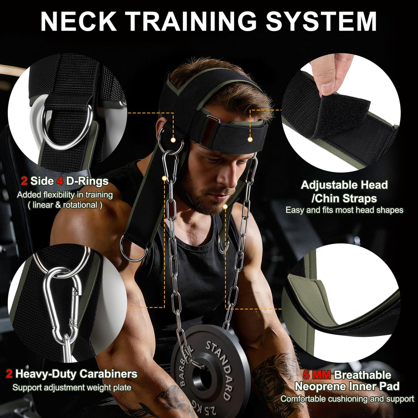 Neck Harness for Weight Lifting, Soft Padded Neck Exerciser Trainer Strap with Heavy Duty Steel Chain, Adjustable Head Chin Muscle Strengthener to Support Injury Recovery and Intense Workouts