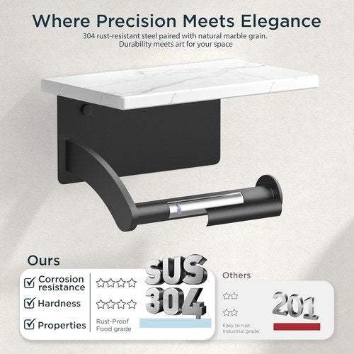 FORIOUS Toilet Paper Holder - Natural Marble Wall Mount with Phone Shelf | 304 Stainless Steel, Matte Black