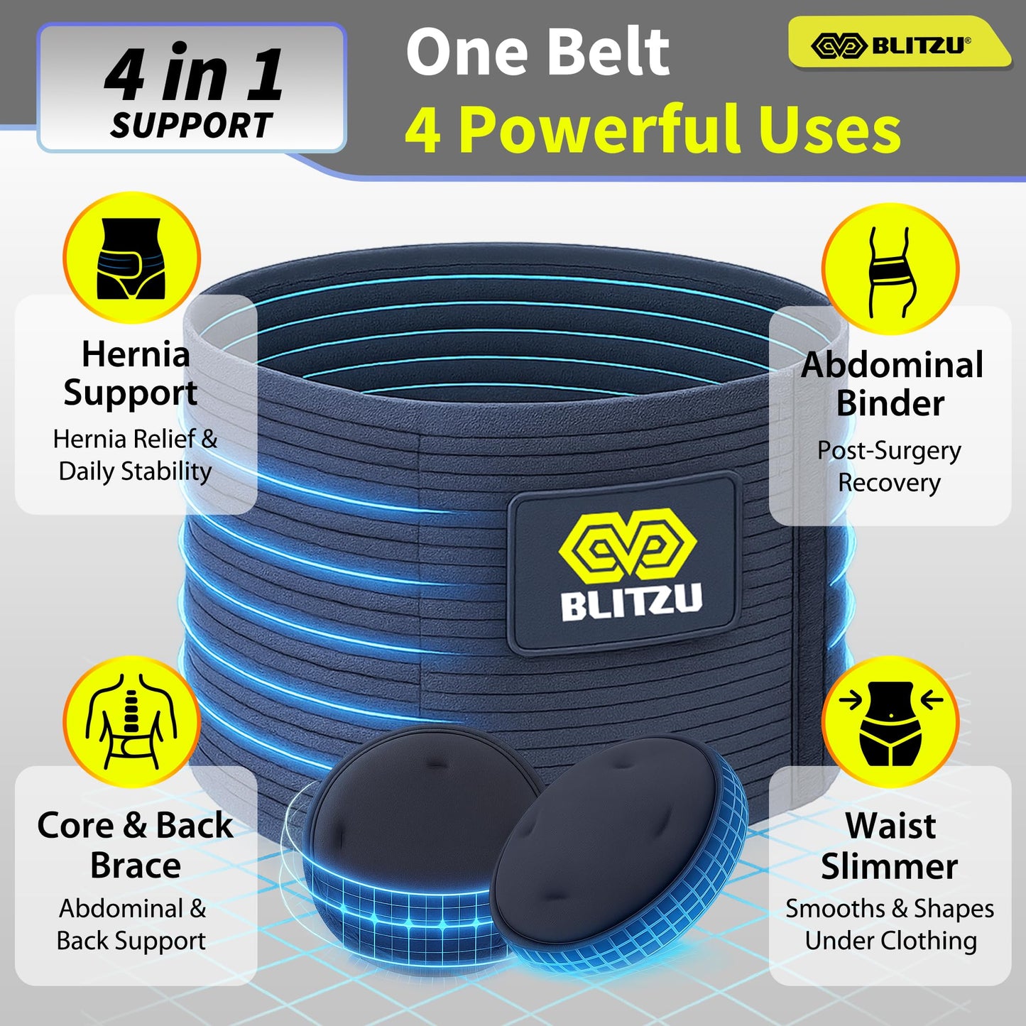 BLITZU Umbilical Hernia Belt for Men & Women, Abdominal Binder Adjustable Truss Support with 2 Compression Pads for Naval, Ventral, Incisional, Epigastric, Belly Button Hernias, Pre Post Surgery L-XL