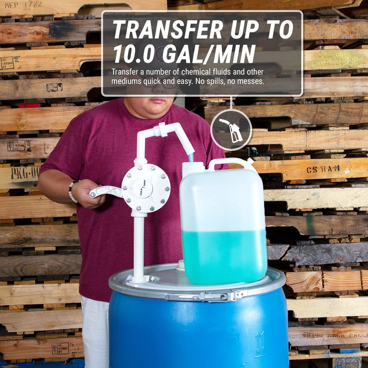 TERA PUMP Barrel Chemical Pump for 55 Gallon Barrel, Heavy Duty Polypropylene, Hand Crank Action Pump, 10 GPM, Corrosion Resistant, Fits 15 to 55 Gallon Drums, for Chemicals, DEF, Hydraulic Fluid