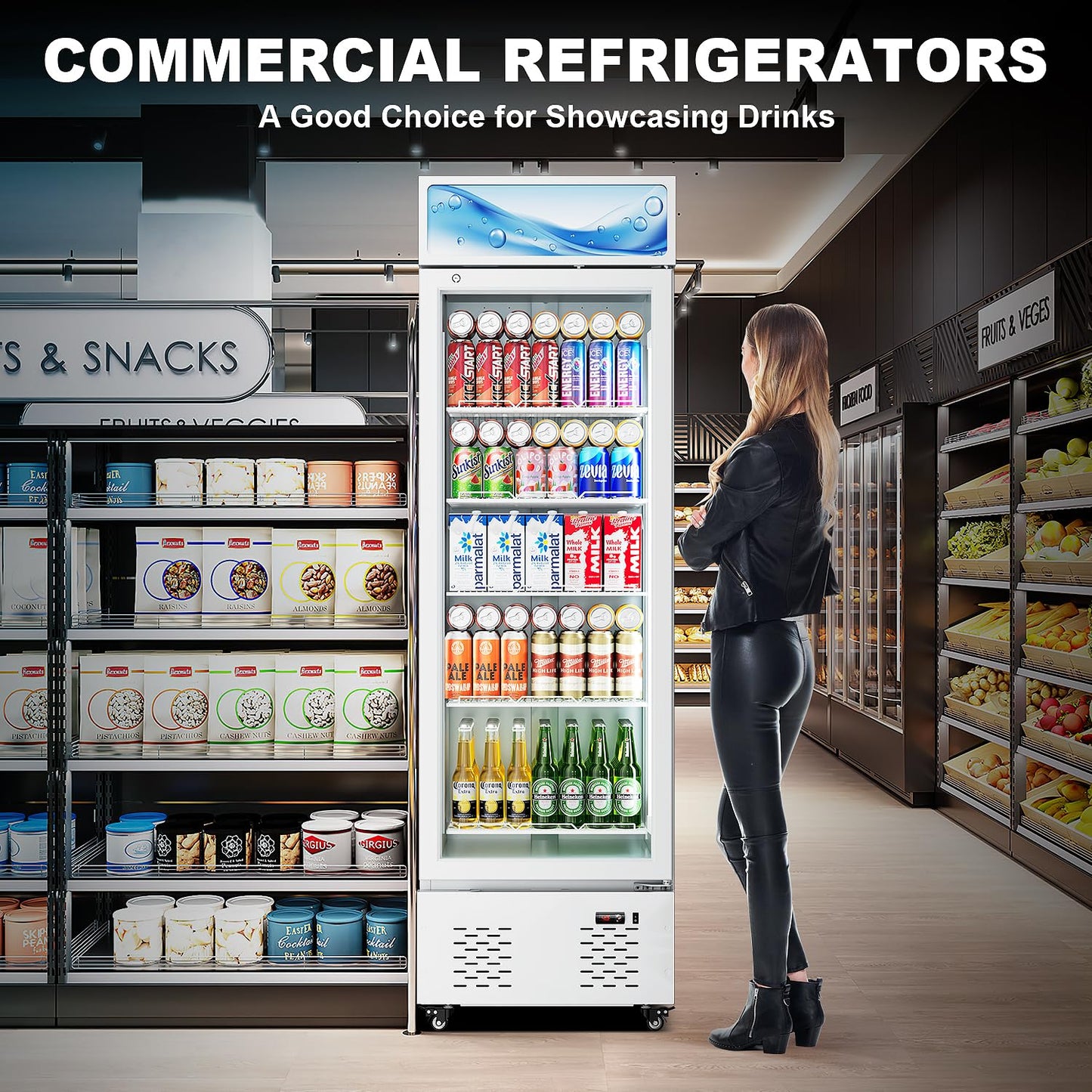 FreezLabs White Commercial Glass Door Display Refrigerator 11 Cu.ft Cooler Beverage Refrigerators with LED Light and 5 Shelves for Cafe Restaurant Store Bar