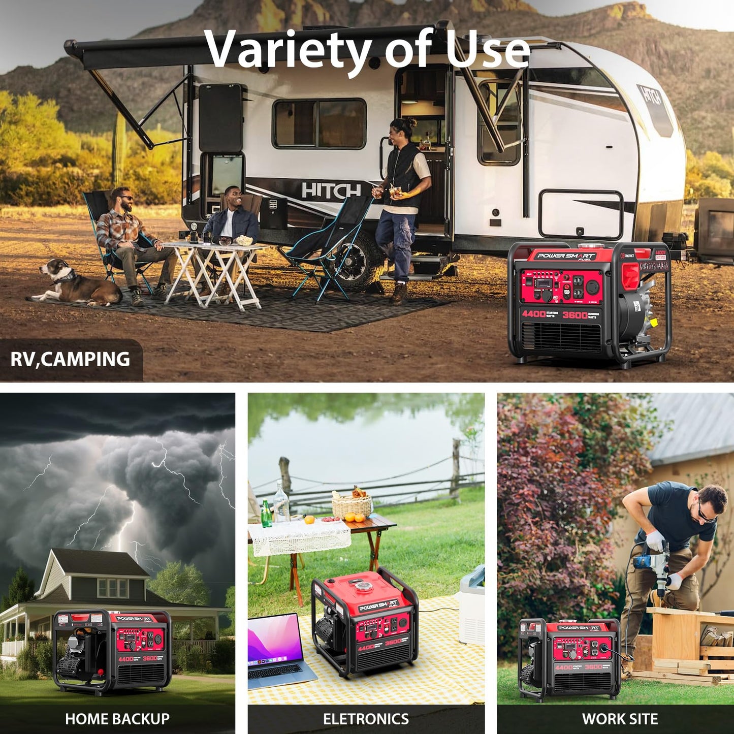 PowerSmart 4400-Watt Open Frame Inverter Generator, Gas Powered, CO-Sensor, Lightweight & Quiet for Home Use and Emergency Backup, Camping, EPA Compliant