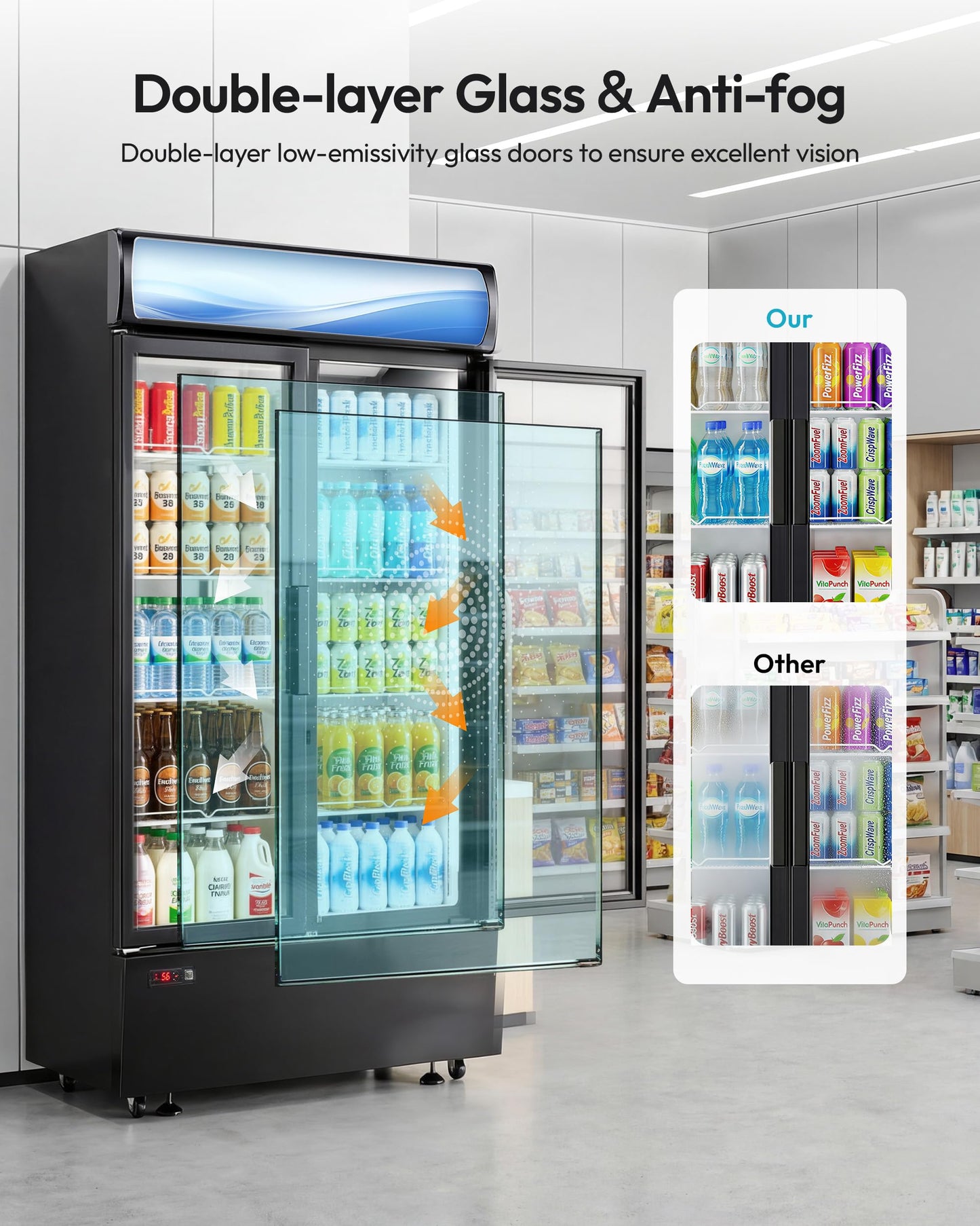ICEVIVAL 20 cu.ft Beverage Fridge, Commercial Refrigerators with LED Light, 2 Glass Door Drink Merchandiser with 8 Adjustable Shelves, 32-50°F Digital Control ETL Certified Black