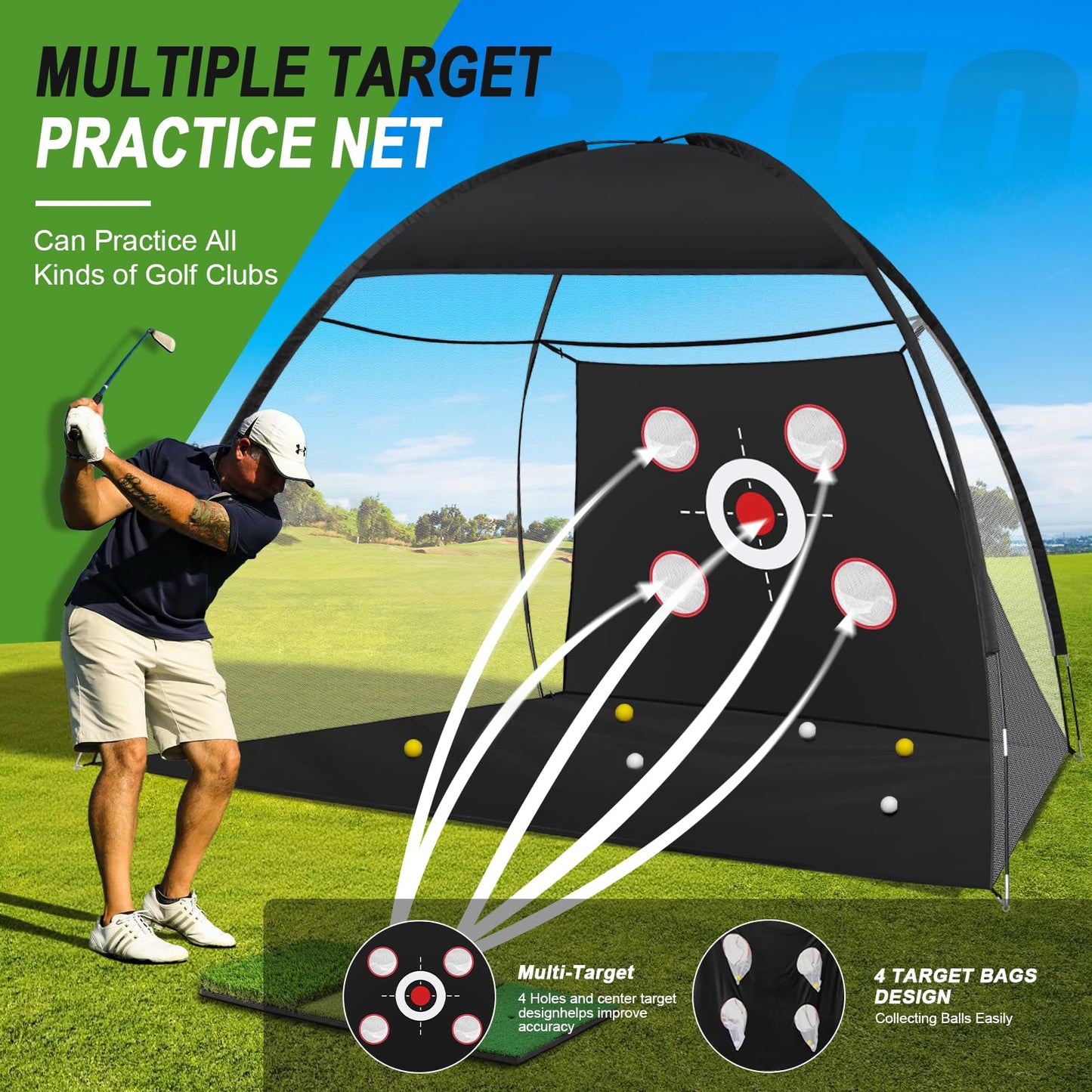10x7FT Golf Net with Tri-Turf Mat, Indoor Outdoor Golf Hitting Net for Backyard Driving Chipping Training Swing, Ideal Golf Gifts for Men, Dad, Golfer