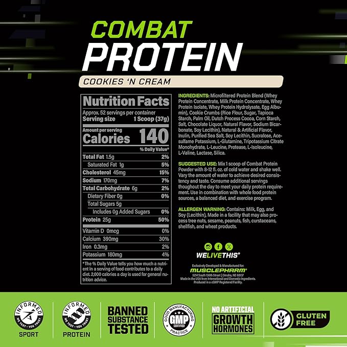 MusclePharm Combat Protein Powder, Cookies ?˜N??Cream Flavor, Fuels Muscles for Productive Workouts, 5 Protein Sources including Whey Protein Isolate & Egg Albumin, Gluten Free, 4 lb, 52 Servings