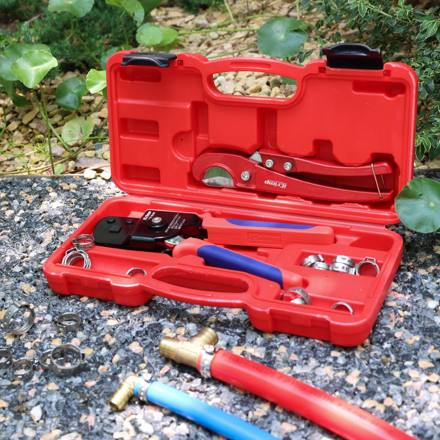 iCrimp One-Hand Crimping Tool Meets ASTM F2098, PEX Clamp Cinch Tool Kit with 20PCS 1/2-in, 10PCS 3/4-in PEX Clamps and Pipe Cutter- All in One