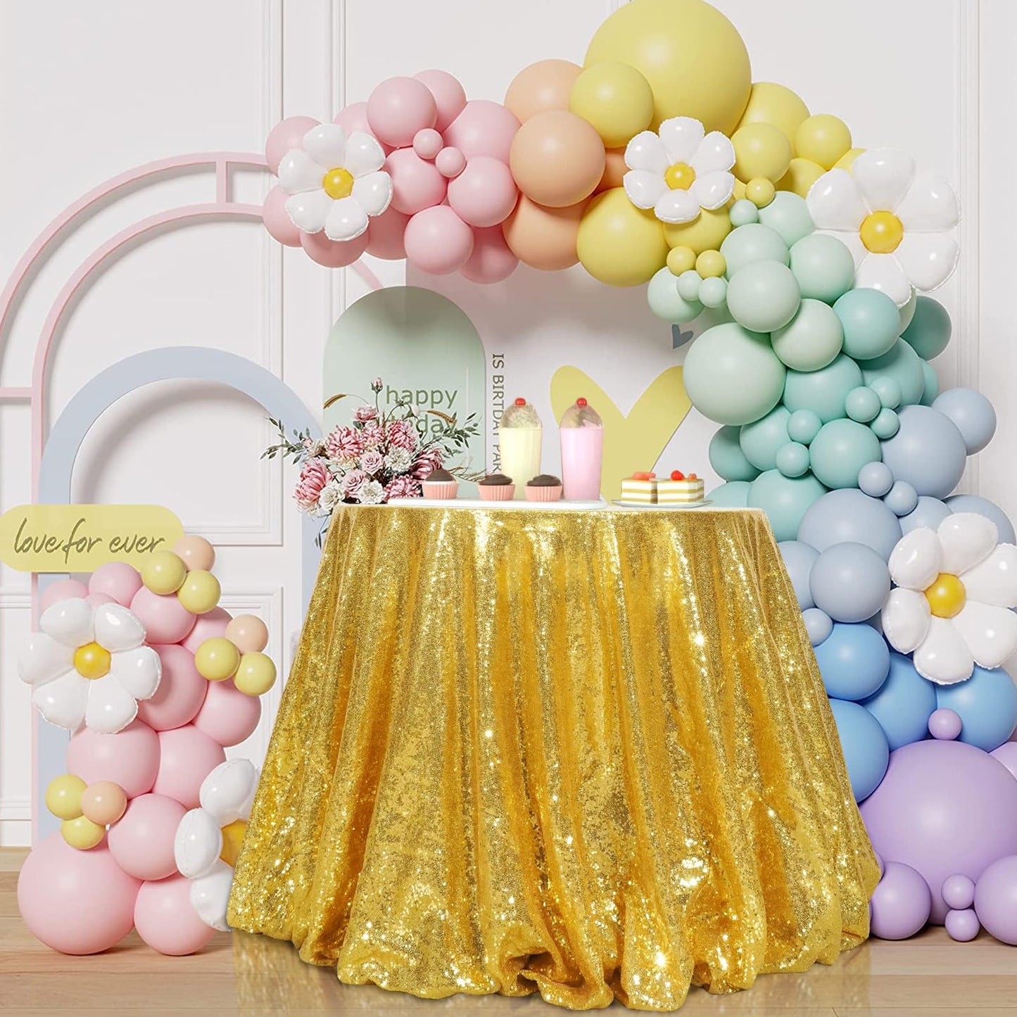 SquarePie Sequin Tablecloth Round Gold 132 Inch Sparkly Table Linen for Wedding Birthday Party Christmas