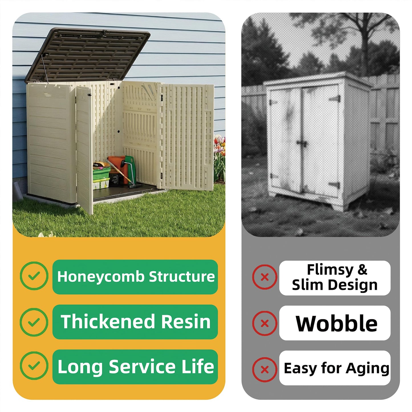 Allpop Outdoor Storage Shed, 31 Cu.Ft Resin Horizontal Storage Cabinet for Trash Cans, Patio & Garden, Khaki