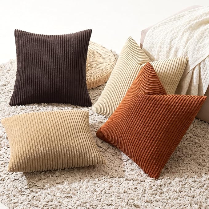 MIULEE Boho Farmhouse Throw Pillow Covers 18x18 Inch Set of 4 Rustic Mordern Neutral Cushion Covers Soft Corduroy Nordic Home Decor for Couch Bed Sofa Living Room Chocolate Brown/Rust