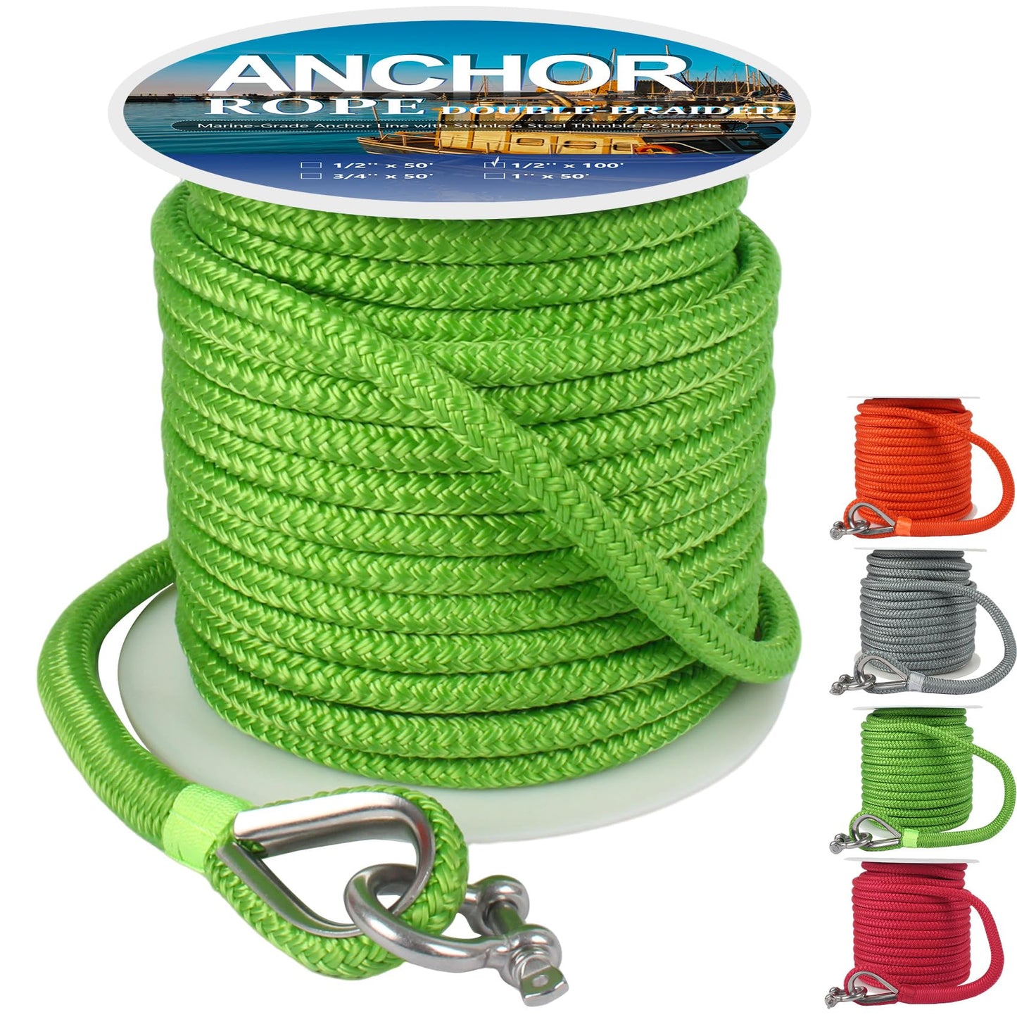 Anchor Rope 100 ft X 1/2 inch, Double Braided Anchor Line, Boat Rope with Stainless Steel Thimble and Shackle for Boating, Anchoring, Mooring, Pulling (Green)