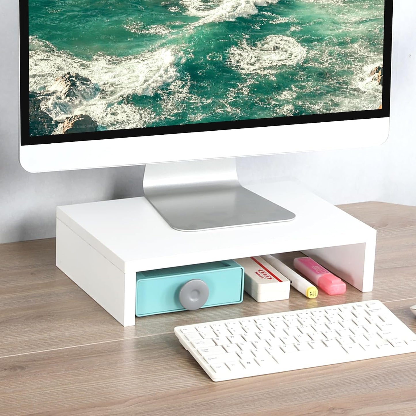 14.2 inch (White-14.2 inch) TEAMIX White Monitor Stand Riser, Wood Monitor Riser with Storage for Desk Small Monitor