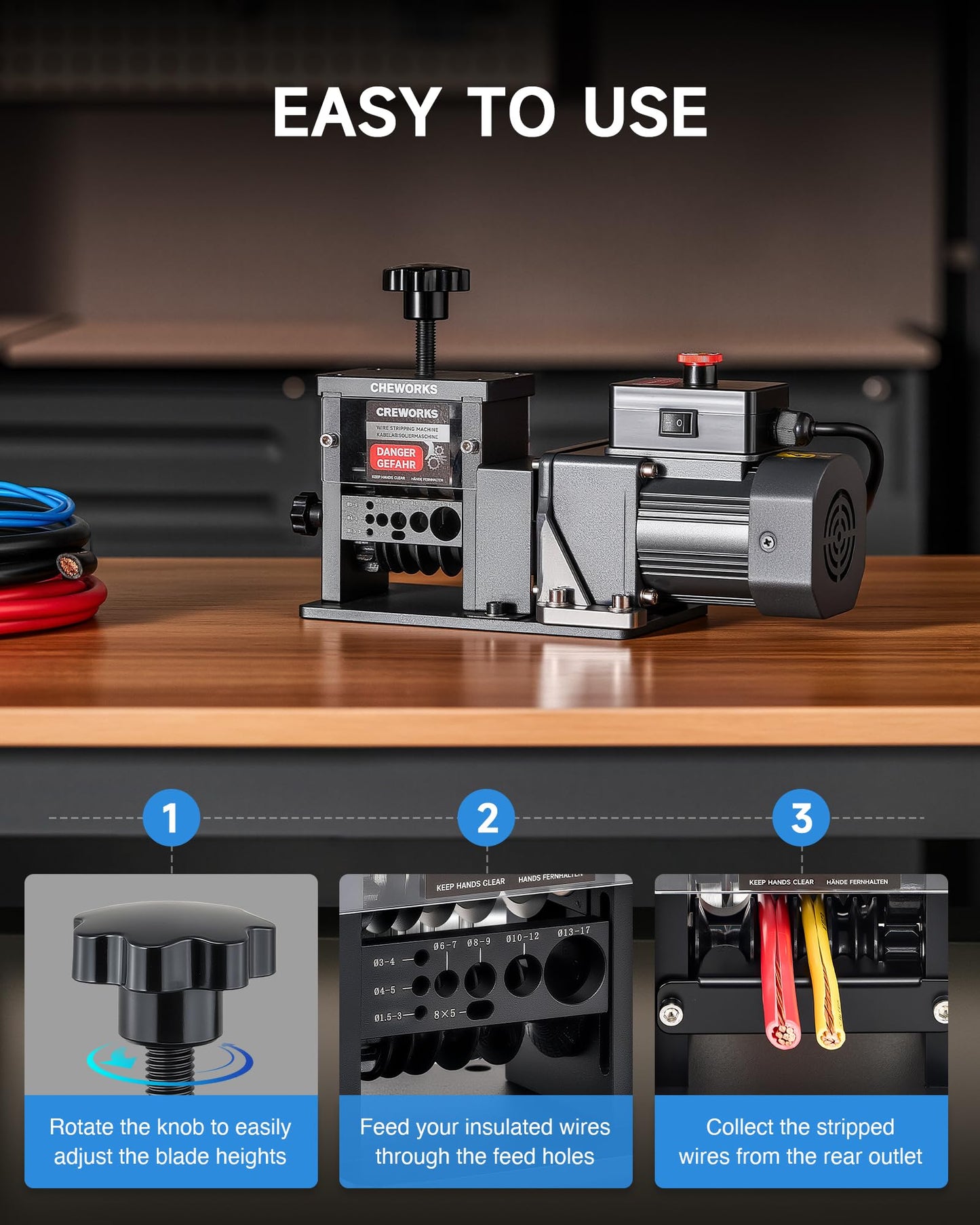 CREWORKS Automatic Wire Stripper Machine, 8 Channel Electric Wire Stripping Machine for 0.06 to 0.67 in. Copper Wires, Electric Cable Stripper Machine with 5 Blades and All-Copper Motor for Recycling