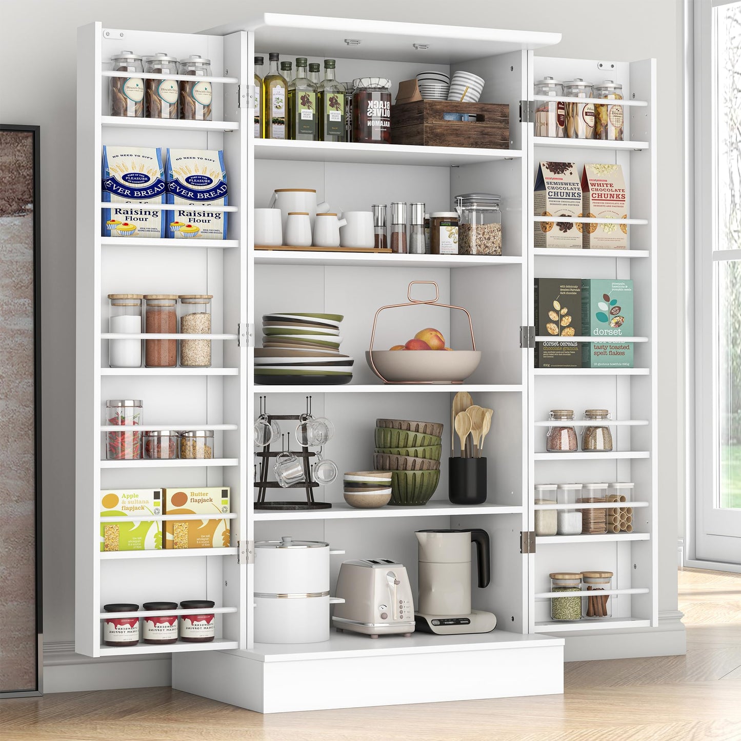 kepptory 47” Pantry Cabinet, Kitchen Pantry Storage Cabinet with Doors and Adjustable Shelves,Freestanding Buffet Cupboards Sideboard for Living Room and Dinning Room (White)