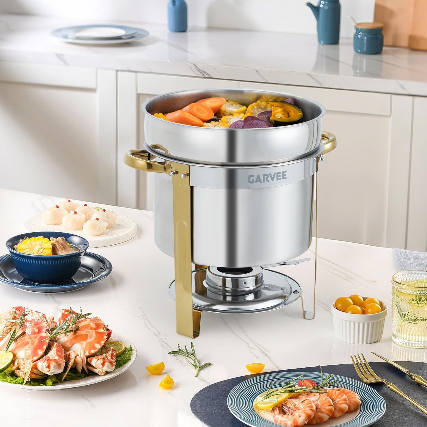 GarveeHome 7QT Round Soup Chafer Sets of 4, Commercial Soup Warmer with Pot, Notched Lids & Fuel Holders, Stainless Steel Food Warmer for Buffets Parties Wedding Banquets Catering, Gold