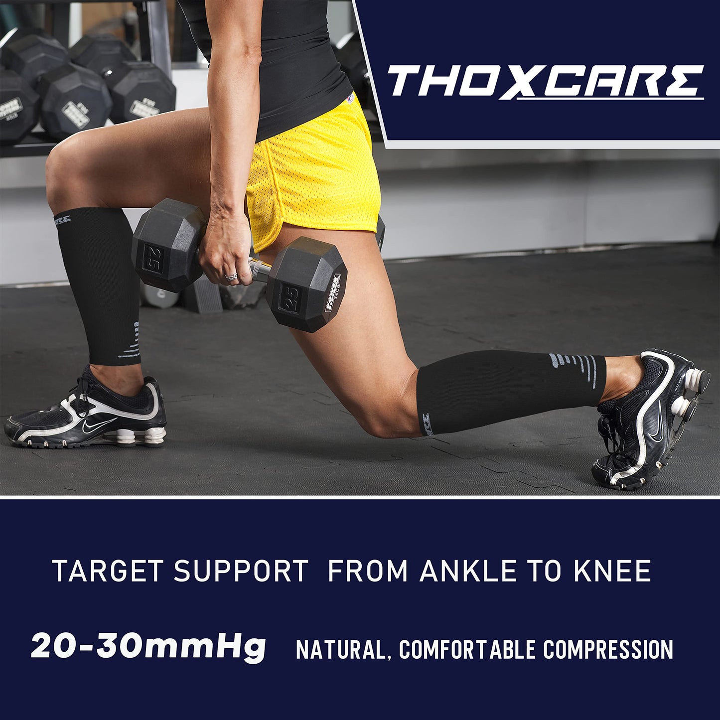 Thoxcare Calf Compression Sleeve for Men Women (1 Pair), Leg Support Footless Compression Socks for Running - Shin Splint Varicose Veins Swelling & Pain Relief, Black/Gray, Large