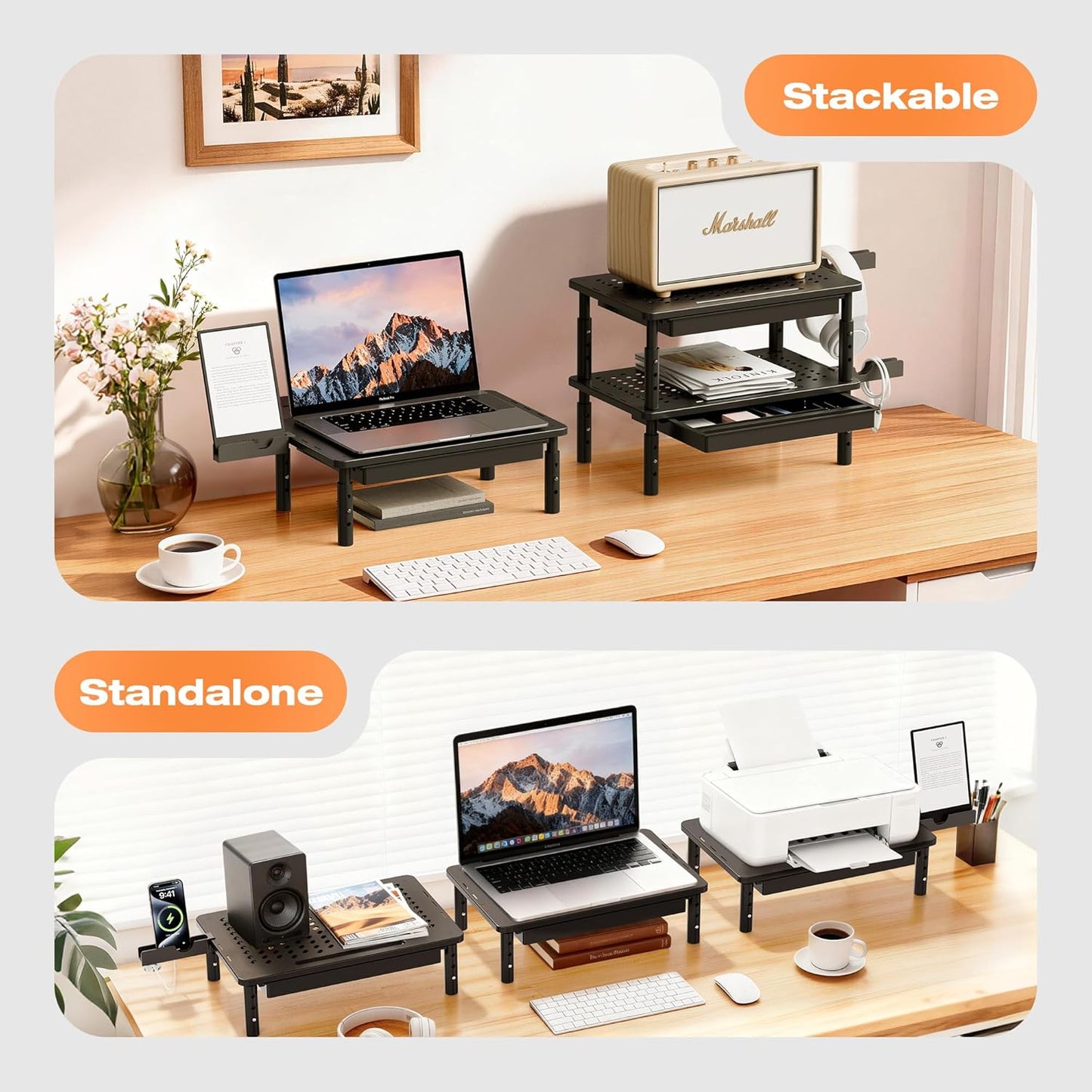 3 2 Pack Computer Monitor Stand Riser with Storage, Height Adjustable Laptop Desktop Monitor Stand with Drawer, Metal