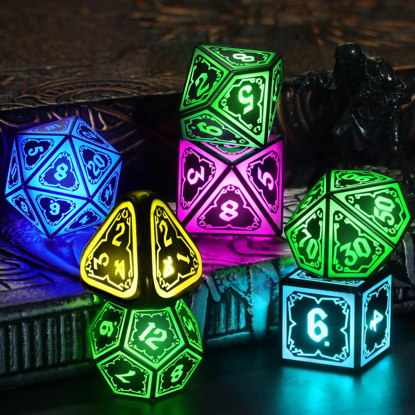 FONVGOGO Wireless Light Up Dice Set D and D RGB for Dungeons and Dragons,Cool LED DND Dice with Charging Box Rechargeable 7 Color Polyhedral Role Playing Dice for DND Gifts RPG(Astral Shard Black)